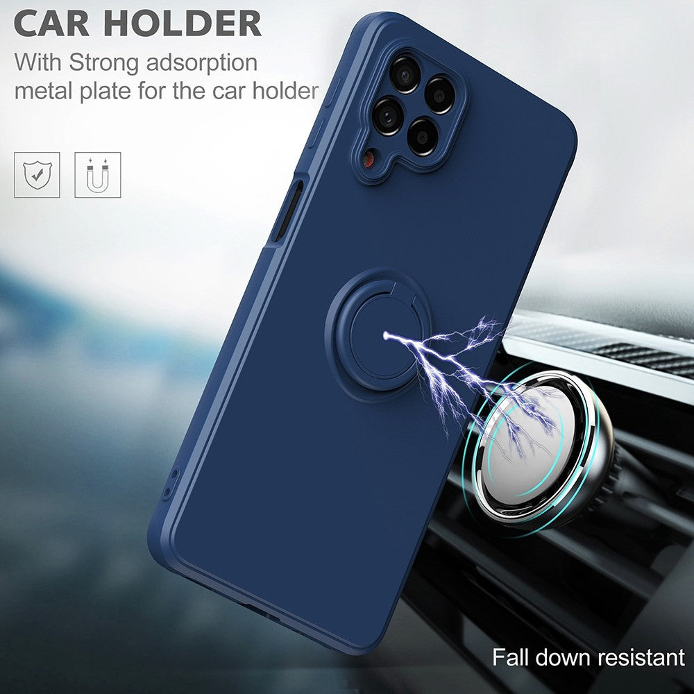 For Samsung Galaxy M53 5G Finger Ring Kickstand Design Anti-scratch Cover Liquid Silicone Cell Phone Protective Case - Black