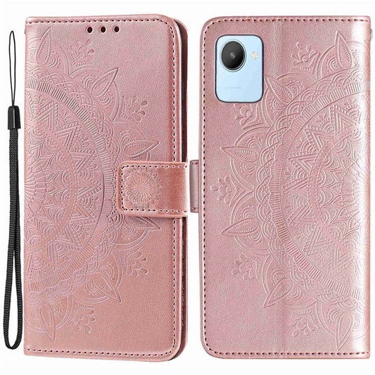 Mandala Flower Pattern Imprinted Phone Case for Realme C30 4G, PU Leather Hand Strap Design Magnetic Anti-fall Cover Stand Wallet - Rose Gold