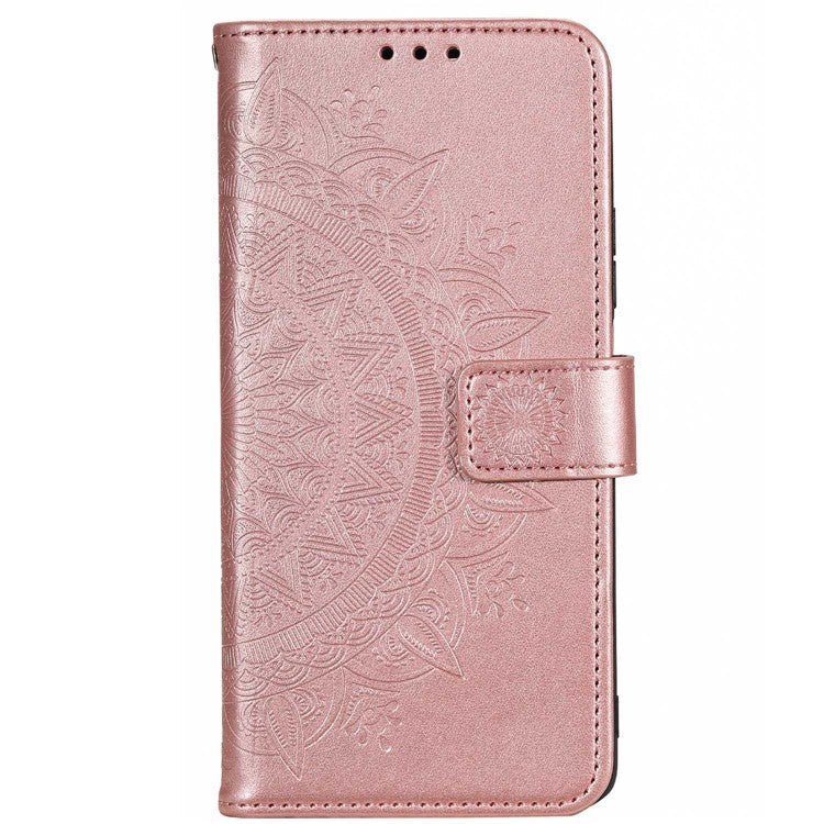 Mandala Flower Pattern Imprinted Phone Case for Realme C30 4G, PU Leather Hand Strap Design Magnetic Anti-fall Cover Stand Wallet - Rose Gold