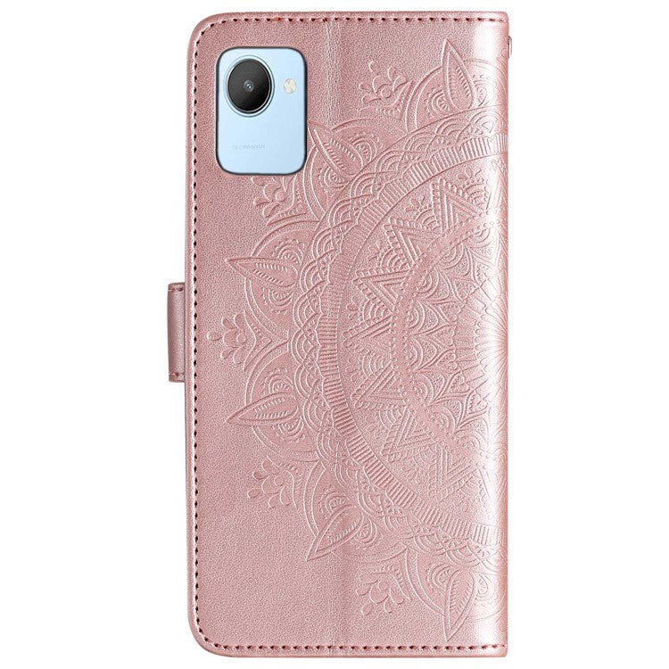 Mandala Flower Pattern Imprinted Phone Case for Realme C30 4G, PU Leather Hand Strap Design Magnetic Anti-fall Cover Stand Wallet - Rose Gold