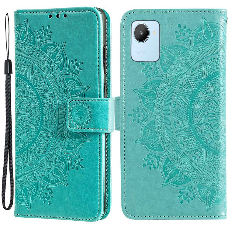 Mandala Flower Pattern Imprinted Phone Case for Realme C30 4G, PU Leather Hand Strap Design Magnetic Anti-fall Cover Stand Wallet - Green