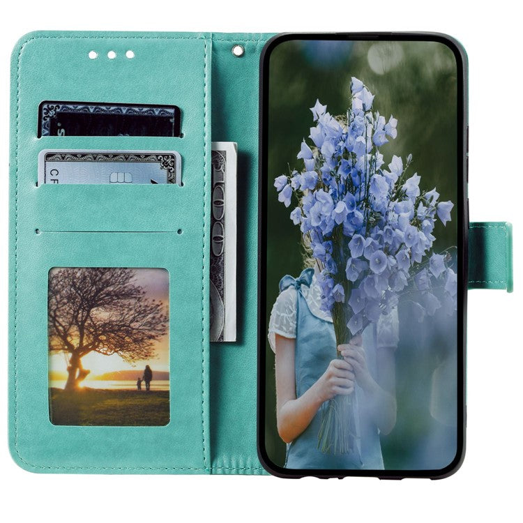 Mandala Flower Pattern Imprinted Phone Case for Realme C30 4G, PU Leather Hand Strap Design Magnetic Anti-fall Cover Stand Wallet - Green