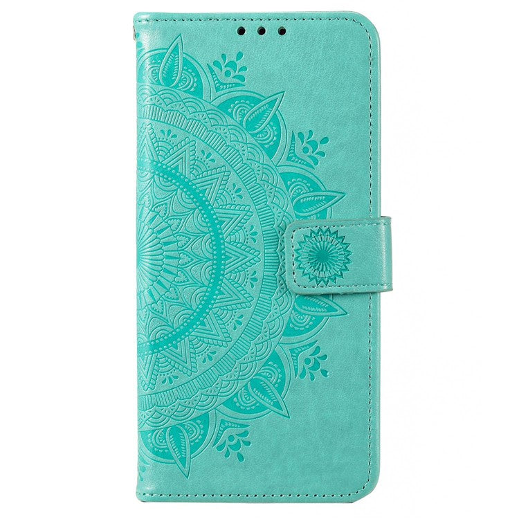 Mandala Flower Pattern Imprinted Phone Case for Realme C30 4G, PU Leather Hand Strap Design Magnetic Anti-fall Cover Stand Wallet - Green