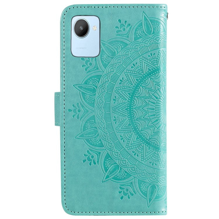 Mandala Flower Pattern Imprinted Phone Case for Realme C30 4G, PU Leather Hand Strap Design Magnetic Anti-fall Cover Stand Wallet - Green