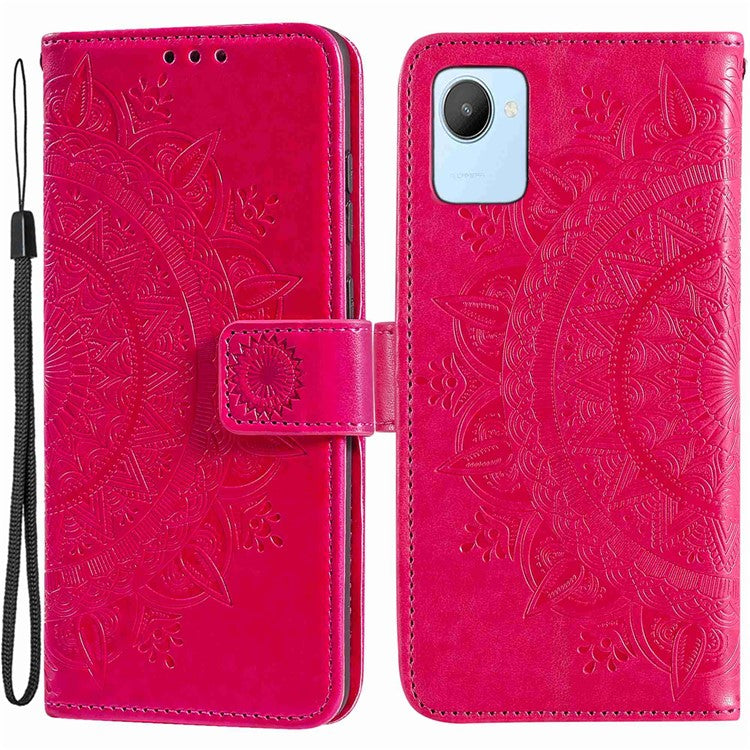 Mandala Flower Pattern Imprinted Phone Case for Realme C30 4G, PU Leather Hand Strap Design Magnetic Anti-fall Cover Stand Wallet - Rose