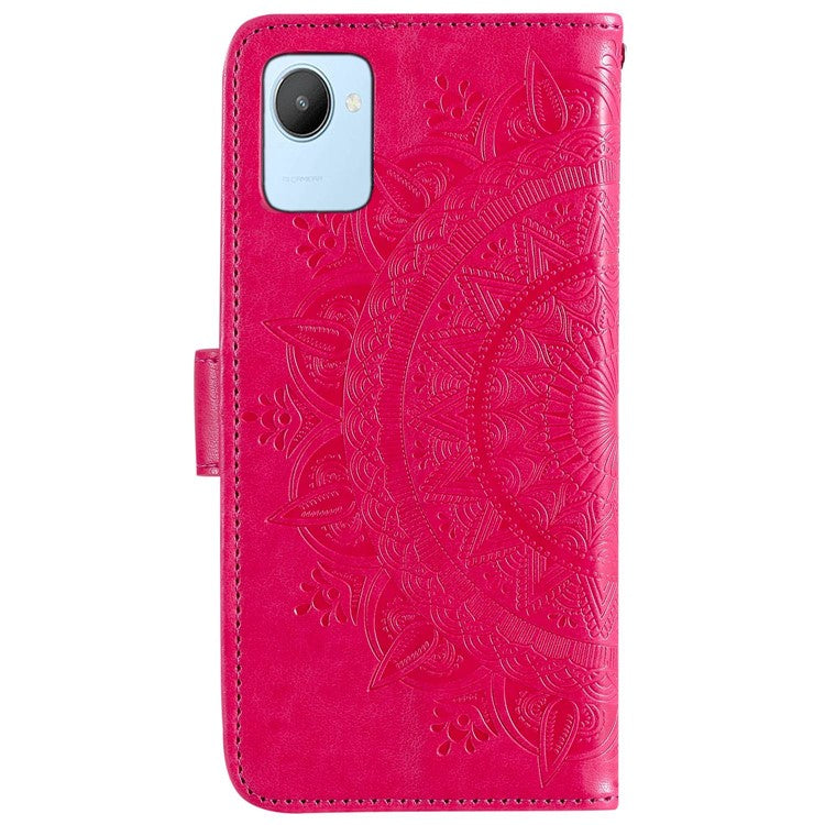 Mandala Flower Pattern Imprinted Phone Case for Realme C30 4G, PU Leather Hand Strap Design Magnetic Anti-fall Cover Stand Wallet - Rose