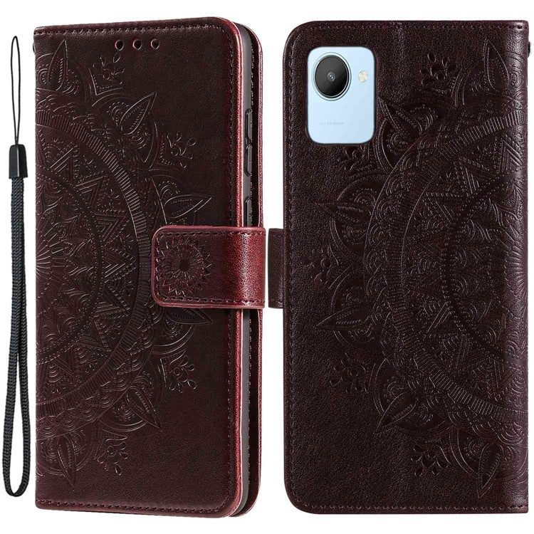 Mandala Flower Pattern Imprinted Phone Case for Realme C30 4G, PU Leather Hand Strap Design Magnetic Anti-fall Cover Stand Wallet - Brown