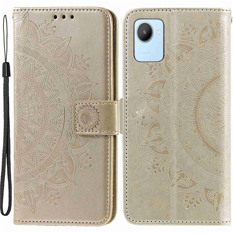 Mandala Flower Pattern Imprinted Phone Case for Realme C30 4G, PU Leather Hand Strap Design Magnetic Anti-fall Cover Stand Wallet - Gold