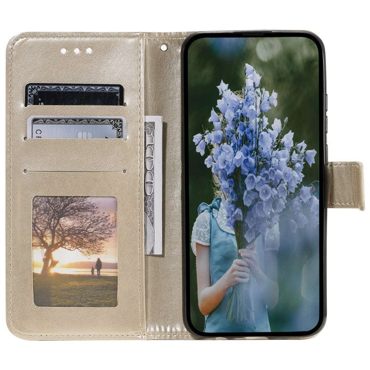 Mandala Flower Pattern Imprinted Phone Case for Realme C30 4G, PU Leather Hand Strap Design Magnetic Anti-fall Cover Stand Wallet - Gold