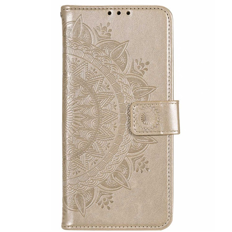 Mandala Flower Pattern Imprinted Phone Case for Realme C30 4G, PU Leather Hand Strap Design Magnetic Anti-fall Cover Stand Wallet - Gold
