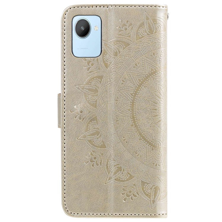 Mandala Flower Pattern Imprinted Phone Case for Realme C30 4G, PU Leather Hand Strap Design Magnetic Anti-fall Cover Stand Wallet - Gold