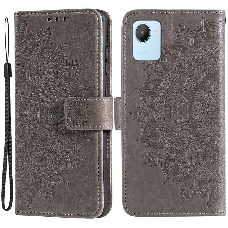 Mandala Flower Pattern Imprinted Phone Case for Realme C30 4G, PU Leather Hand Strap Design Magnetic Anti-fall Cover Stand Wallet - Grey