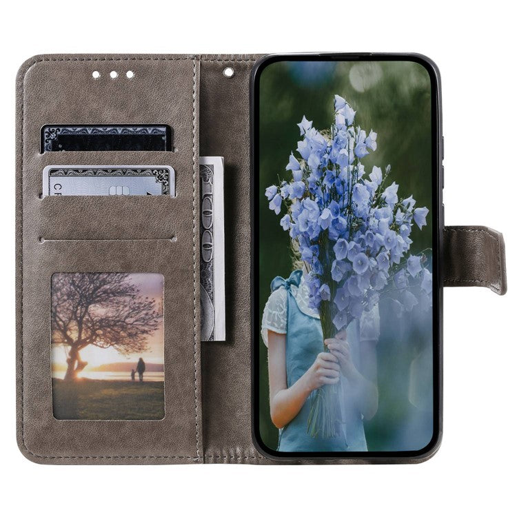 Mandala Flower Pattern Imprinted Phone Case for Realme C30 4G, PU Leather Hand Strap Design Magnetic Anti-fall Cover Stand Wallet - Grey