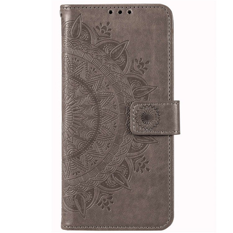 Mandala Flower Pattern Imprinted Phone Case for Realme C30 4G, PU Leather Hand Strap Design Magnetic Anti-fall Cover Stand Wallet - Grey