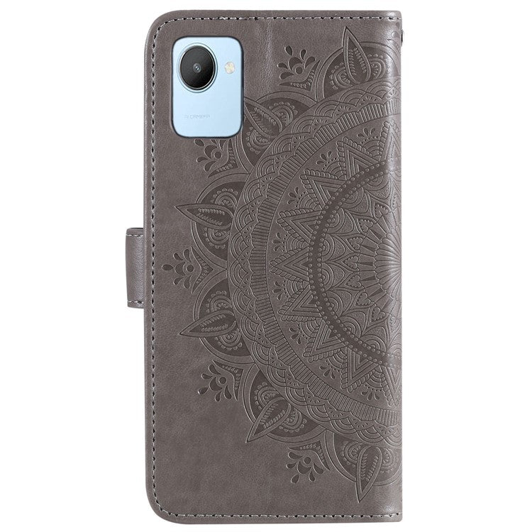 Mandala Flower Pattern Imprinted Phone Case for Realme C30 4G, PU Leather Hand Strap Design Magnetic Anti-fall Cover Stand Wallet - Grey