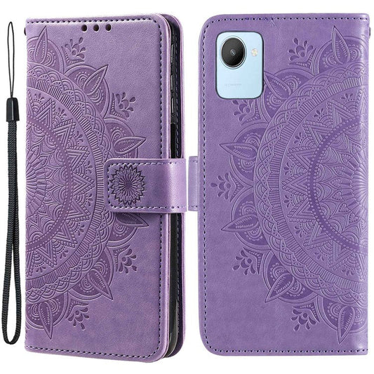 Mandala Flower Pattern Imprinted Phone Case for Realme C30 4G, PU Leather Hand Strap Design Magnetic Anti-fall Cover Stand Wallet - Purple