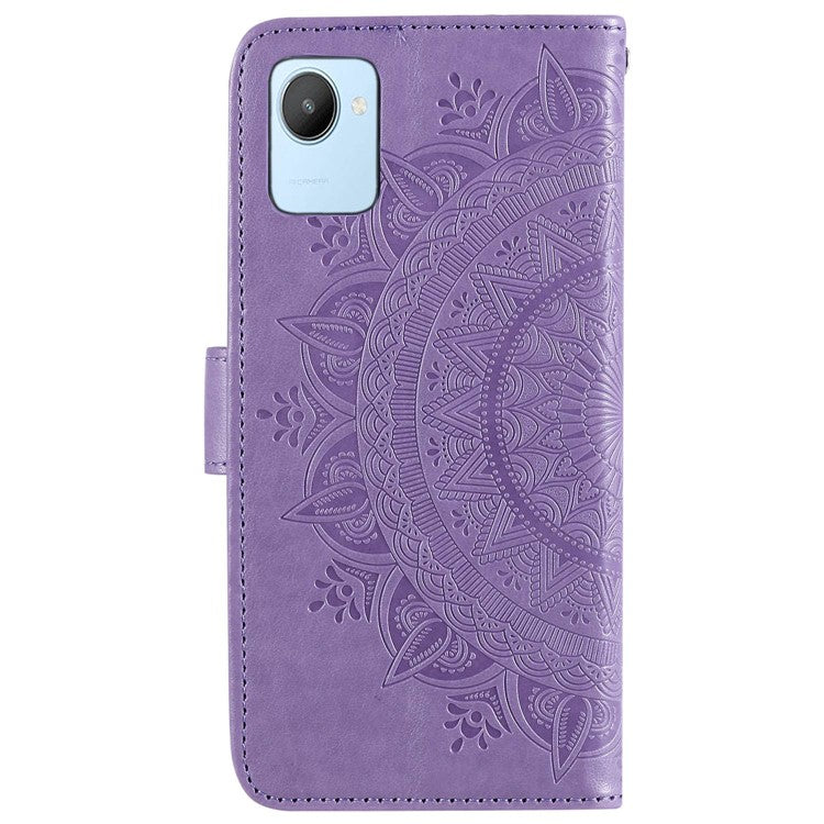 Mandala Flower Pattern Imprinted Phone Case for Realme C30 4G, PU Leather Hand Strap Design Magnetic Anti-fall Cover Stand Wallet - Purple