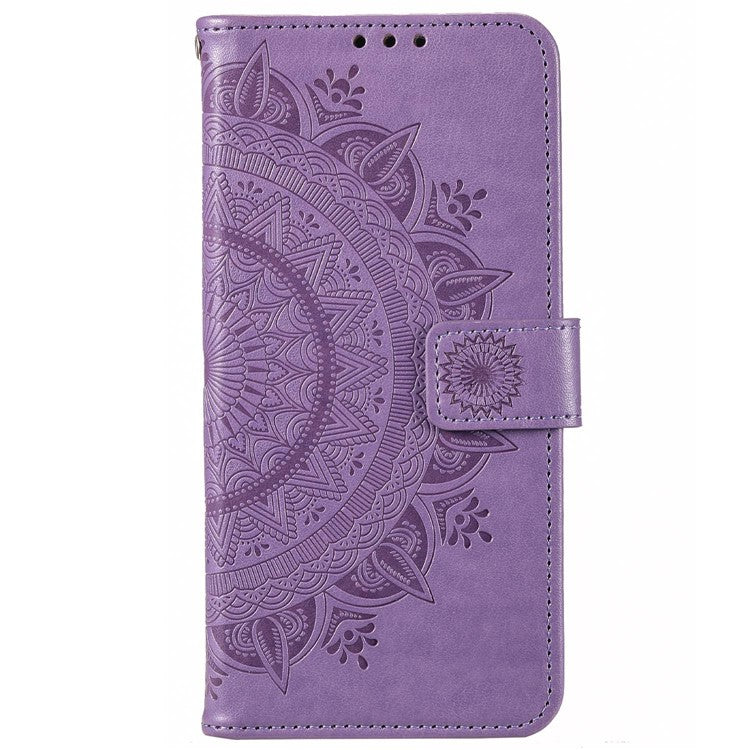 Mandala Flower Pattern Imprinted Phone Case for Realme C30 4G, PU Leather Hand Strap Design Magnetic Anti-fall Cover Stand Wallet - Purple