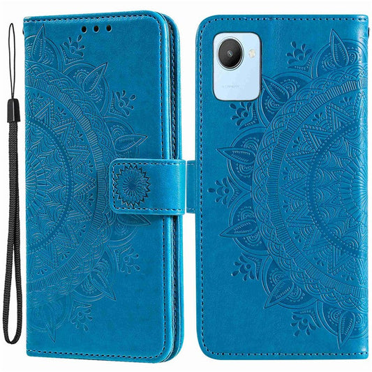 Mandala Flower Pattern Imprinted Phone Case for Realme C30 4G, PU Leather Hand Strap Design Magnetic Anti-fall Cover Stand Wallet - Blue