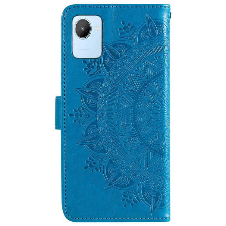 Mandala Flower Pattern Imprinted Phone Case for Realme C30 4G, PU Leather Hand Strap Design Magnetic Anti-fall Cover Stand Wallet - Blue