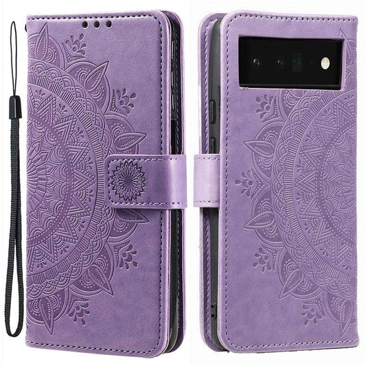 For Google Pixel 6a Mandala Flower Pattern Imprinted PU Leather Anti-scratch Phone Cover Stand Wallet Style Phone Case - Purple