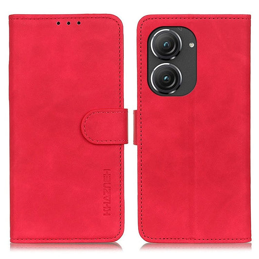 KHAZNEH for Asus Zenfone 9 5G Anti-fall PU Leather Phone Flip Wallet Case Full Protection Retro Texture Cell Phone Cover Stand - Red