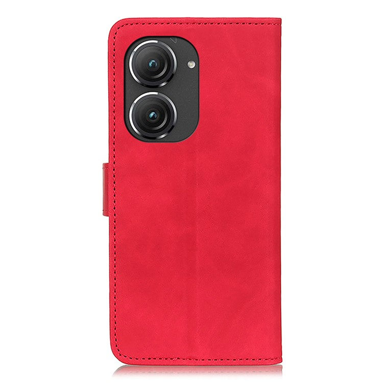 KHAZNEH for Asus Zenfone 9 5G Anti-fall PU Leather Phone Flip Wallet Case Full Protection Retro Texture Cell Phone Cover Stand - Red