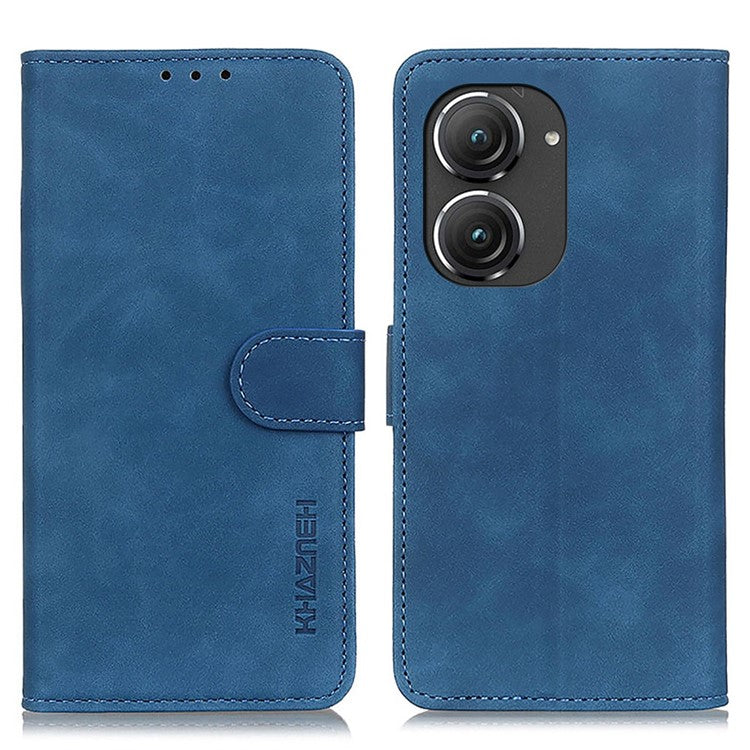 KHAZNEH for Asus Zenfone 9 5G Anti-fall PU Leather Phone Flip Wallet Case Full Protection Retro Texture Cell Phone Cover Stand - Blue