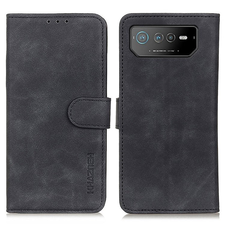 KHAZNEH for Asus ROG Phone 6 5G Drop-proof Vintage PU Leather Cover Wallet Stand Protective Phone Case - Black