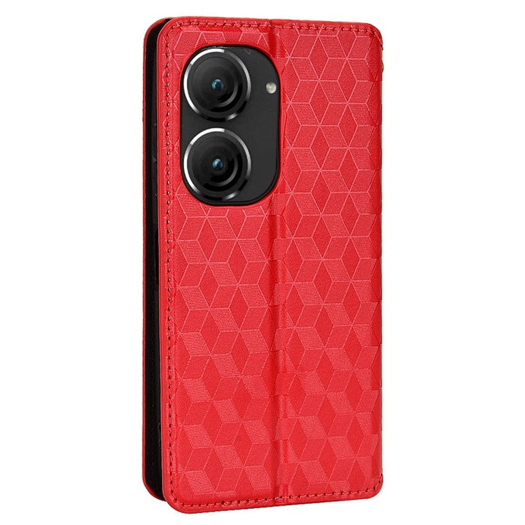 For Asus Zenfone 10 5G / 9 5G PU Leather Rhombus Pattern Imprinted Stand Case Auto Closing Magnetic Phone Wallet Cover - Red