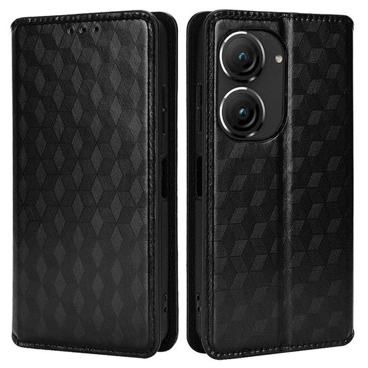 For Asus Zenfone 10 5G / 9 5G PU Leather Rhombus Pattern Imprinted Stand Case Auto Closing Magnetic Phone Wallet Cover - Black