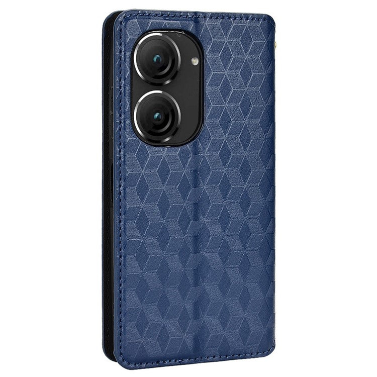 For Asus Zenfone 10 5G / 9 5G PU Leather Rhombus Pattern Imprinted Stand Case Auto Closing Magnetic Phone Wallet Cover - Blue