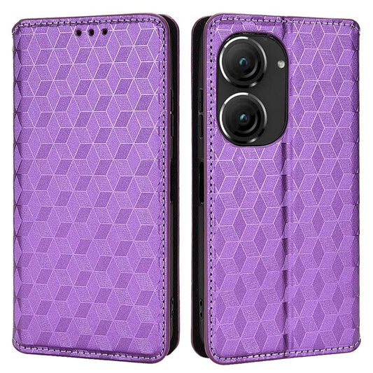 For Asus Zenfone 10 5G / 9 5G PU Leather Rhombus Pattern Imprinted Stand Case Auto Closing Magnetic Phone Wallet Cover - Purple