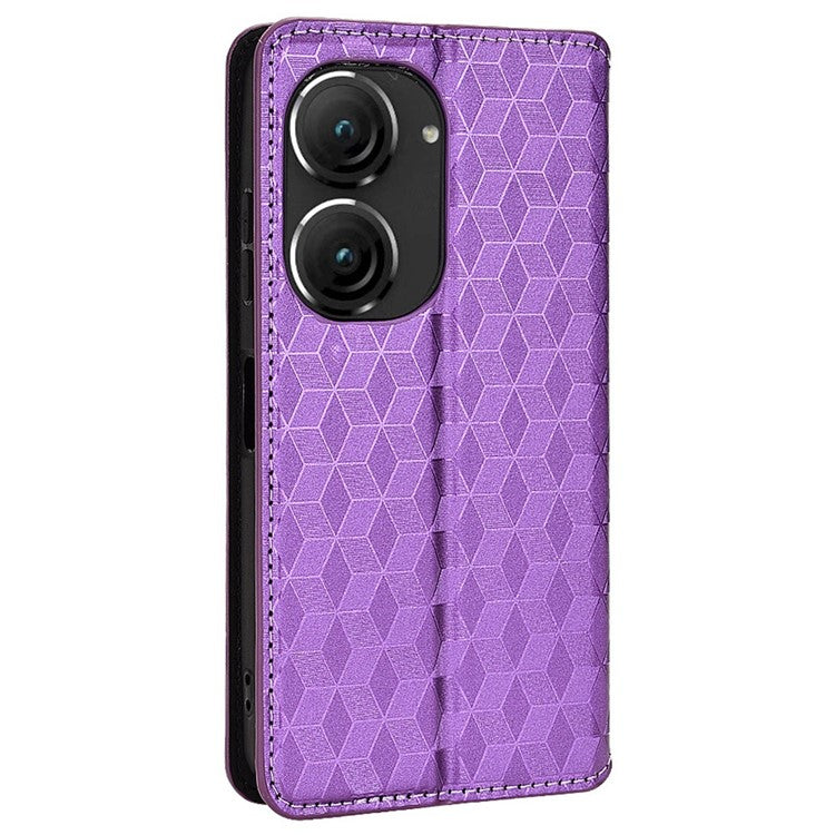 For Asus Zenfone 10 5G / 9 5G PU Leather Rhombus Pattern Imprinted Stand Case Auto Closing Magnetic Phone Wallet Cover - Purple