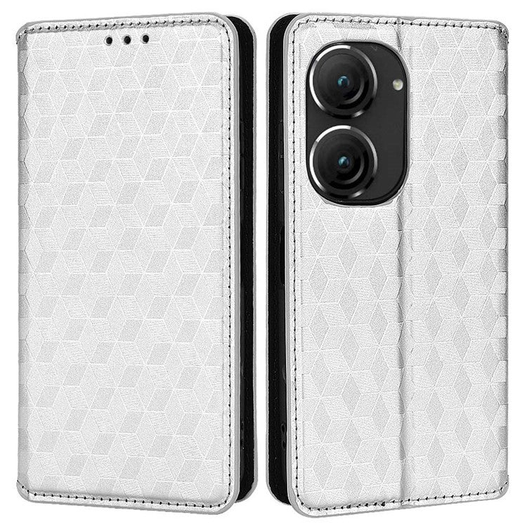 For Asus Zenfone 10 5G / 9 5G PU Leather Rhombus Pattern Imprinted Stand Case Auto Closing Magnetic Phone Wallet Cover - Silver