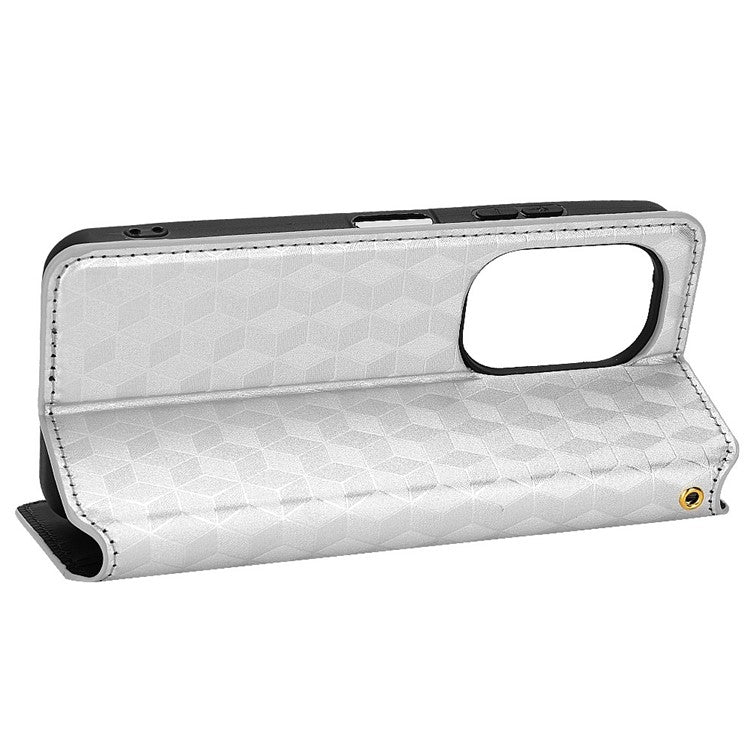 For Asus Zenfone 10 5G / 9 5G PU Leather Rhombus Pattern Imprinted Stand Case Auto Closing Magnetic Phone Wallet Cover - Silver
