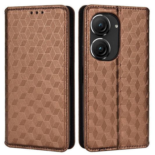 For Asus Zenfone 10 5G / 9 5G PU Leather Rhombus Pattern Imprinted Stand Case Auto Closing Magnetic Phone Wallet Cover - Brown