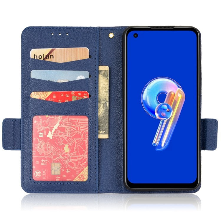 Litchi Texture Magnetic Clasp Phone Case for Asus Zenfone 10 5G / 9 5G PU Leather Foldable Stand Wallet Anti-drop Cover - Dark Blue