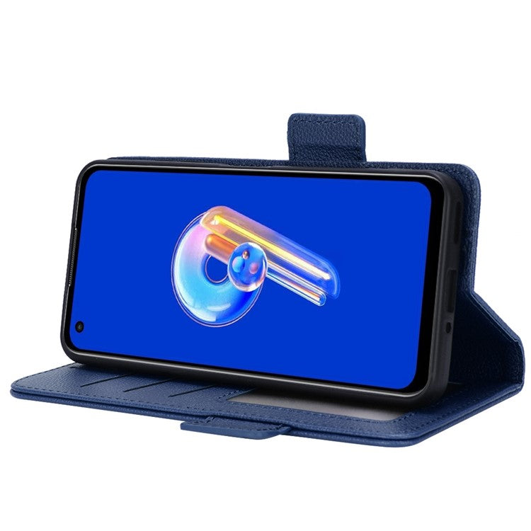 Litchi Texture Magnetic Clasp Phone Case for Asus Zenfone 10 5G / 9 5G PU Leather Foldable Stand Wallet Anti-drop Cover - Dark Blue
