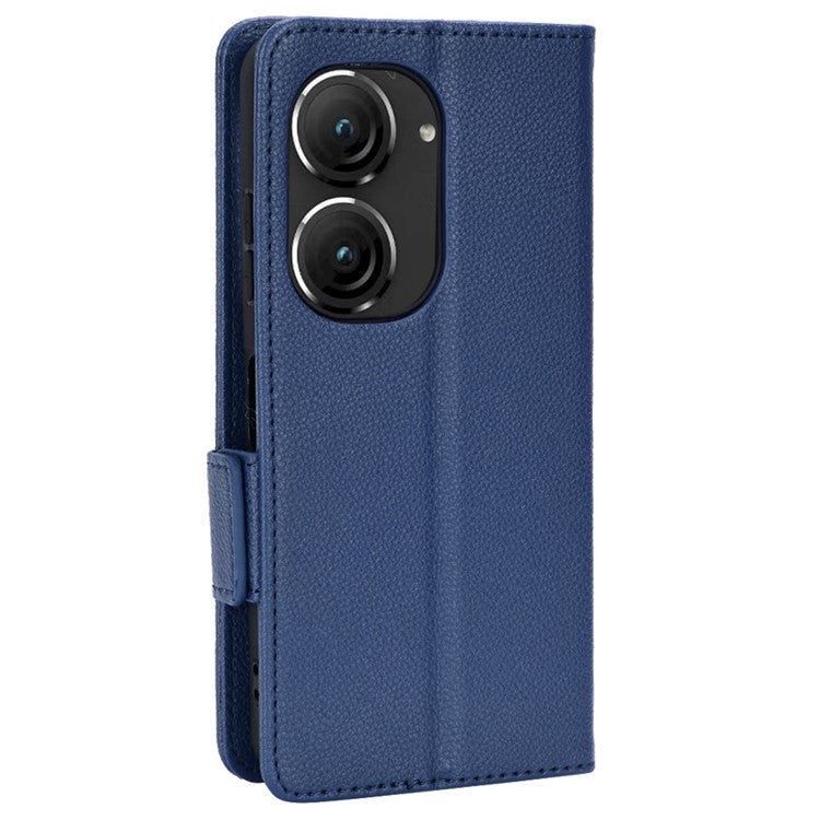 Litchi Texture Magnetic Clasp Phone Case for Asus Zenfone 10 5G / 9 5G PU Leather Foldable Stand Wallet Anti-drop Cover - Dark Blue