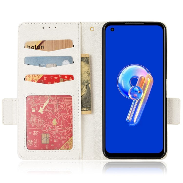 Litchi Texture Magnetic Clasp Phone Case for Asus Zenfone 10 5G / 9 5G PU Leather Foldable Stand Wallet Anti-drop Cover - White