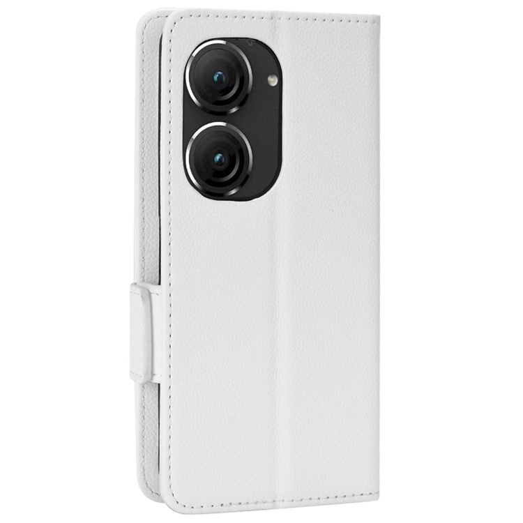 Litchi Texture Magnetic Clasp Phone Case for Asus Zenfone 10 5G / 9 5G PU Leather Foldable Stand Wallet Anti-drop Cover - White