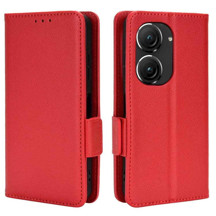 Litchi Texture Magnetic Clasp Phone Case for Asus Zenfone 10 5G / 9 5G PU Leather Foldable Stand Wallet Anti-drop Cover - Red