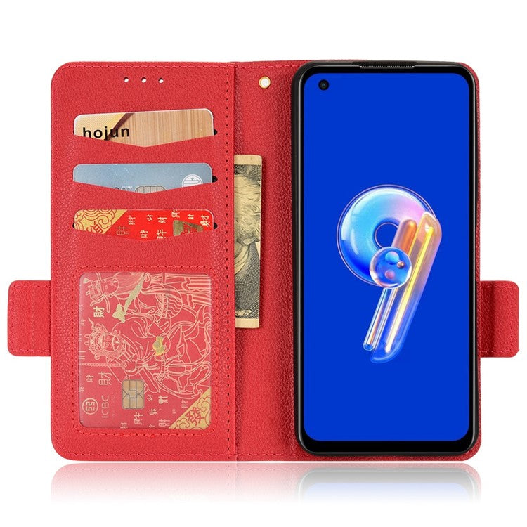 Litchi Texture Magnetic Clasp Phone Case for Asus Zenfone 10 5G / 9 5G PU Leather Foldable Stand Wallet Anti-drop Cover - Red