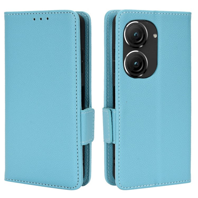 Litchi Texture Magnetic Clasp Phone Case for Asus Zenfone 10 5G / 9 5G PU Leather Foldable Stand Wallet Anti-drop Cover - Baby Blue