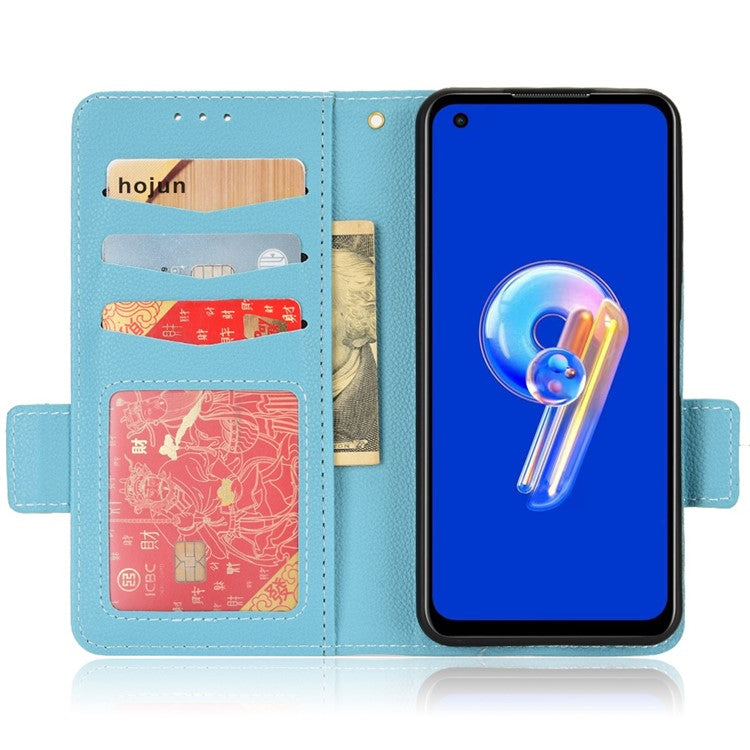 Litchi Texture Magnetic Clasp Phone Case for Asus Zenfone 10 5G / 9 5G PU Leather Foldable Stand Wallet Anti-drop Cover - Baby Blue