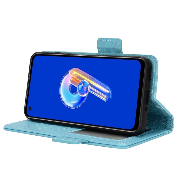 Litchi Texture Magnetic Clasp Phone Case for Asus Zenfone 10 5G / 9 5G PU Leather Foldable Stand Wallet Anti-drop Cover - Baby Blue