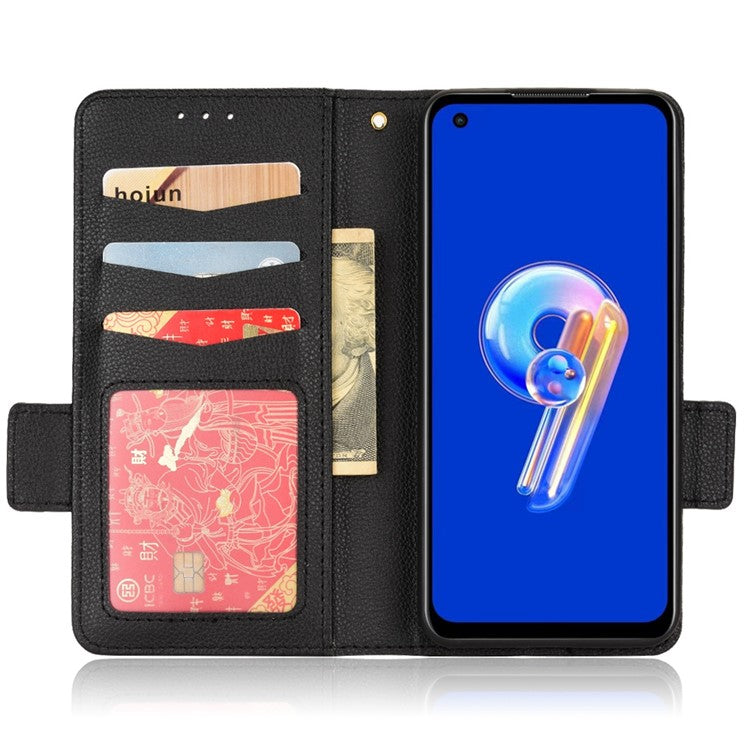 Litchi Texture Magnetic Clasp Phone Case for Asus Zenfone 10 5G / 9 5G PU Leather Foldable Stand Wallet Anti-drop Cover - Black