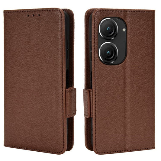 Litchi Texture Magnetic Clasp Phone Case for Asus Zenfone 10 5G / 9 5G PU Leather Foldable Stand Wallet Anti-drop Cover - Brown