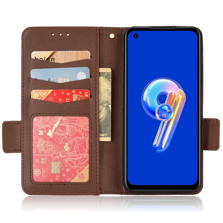 Litchi Texture Magnetic Clasp Phone Case for Asus Zenfone 10 5G / 9 5G PU Leather Foldable Stand Wallet Anti-drop Cover - Brown